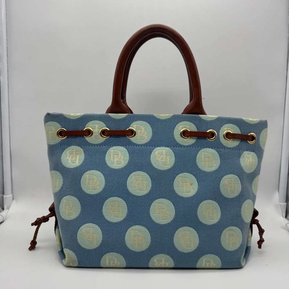 Dooney & Bourke Vintage Blue Denim DB Logo Circle Print Tote Bag‎ Brown Leather